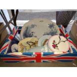 A large blue & white meat platter & various cake sets etc.