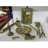 A mixed lot of brass ware including tea caddy.