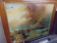 A framed and glazed beach scene, possibly Cornwall.