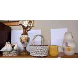 A gilt/ceramic jug, a duck bowl and a ceramic basket.