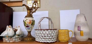 A gilt/ceramic jug, a duck bowl and a ceramic basket.