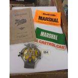 A vintage Shell Oils and Castrol Rally Marshall armbands, AA car badge & an Austin 7 club magazine.