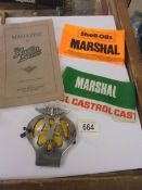 A vintage Shell Oils and Castrol Rally Marshall armbands, AA car badge & an Austin 7 club magazine.