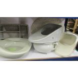 Three ceramic bed pans, a chamber pot, meat platter etc.,