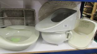 Three ceramic bed pans, a chamber pot, meat platter etc.,