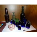 A quantity of blue glass bottles, trinket box etc.,