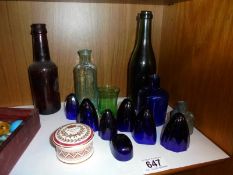 A quantity of blue glass bottles, trinket box etc.,