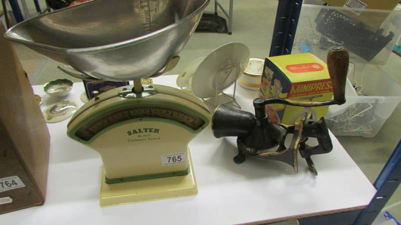 A set of salter scales and a mincer etc.,