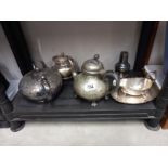 A mixed lot of silver plate teapots etc., one a/f.