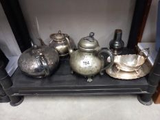 A mixed lot of silver plate teapots etc., one a/f.