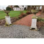 Pair of decorative composition urns on plinths.