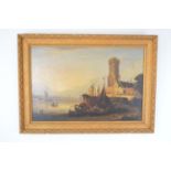 Victorian oil on canvas fishing harbour scene.