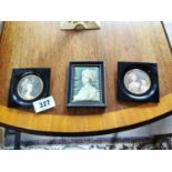 Two miniatures in Bakelite frames and silk picture