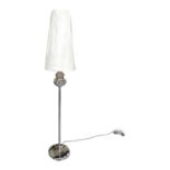 Chrome floor lamp with conical shade.