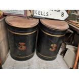 Two tin tea bins with mahogany lids.