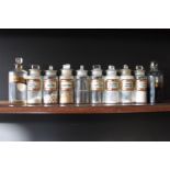 Ten glass chemist bottles with labels