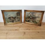 Two early 20th C. oil on canvas mounted on gilt frames