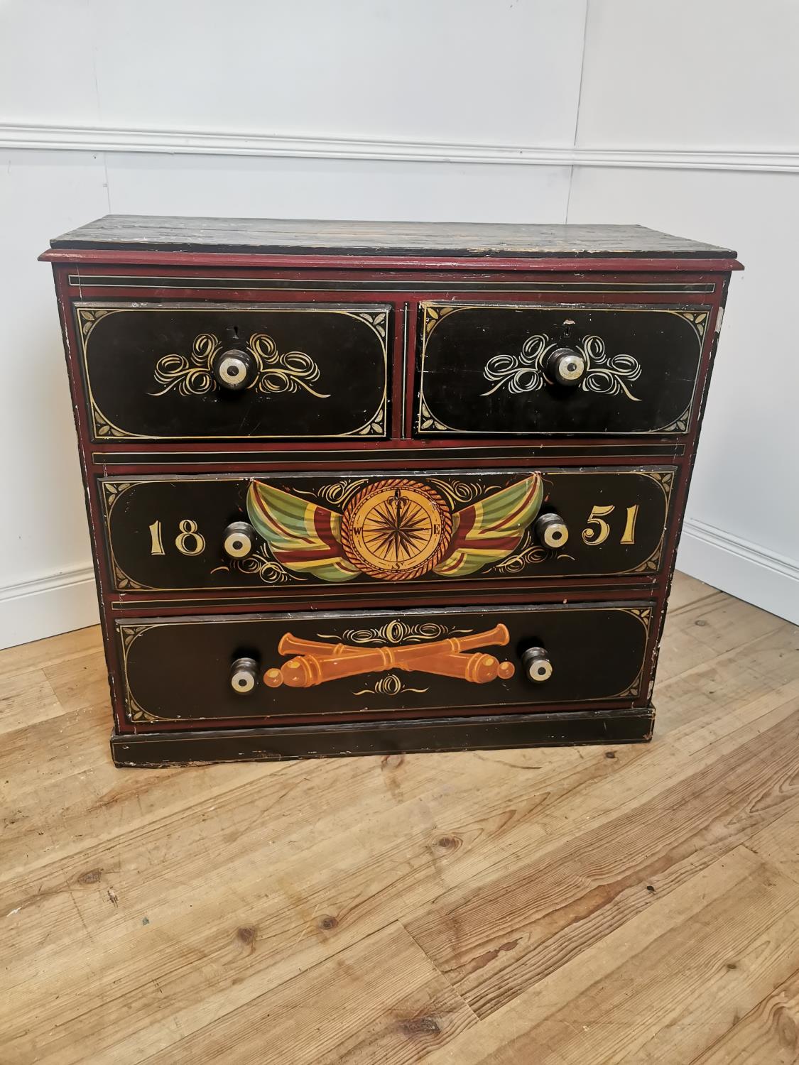 19th C. pine chest of drawers with painted Naval Scenes.