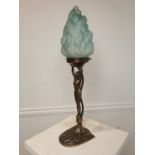 Brass table lamp with blue glass shade