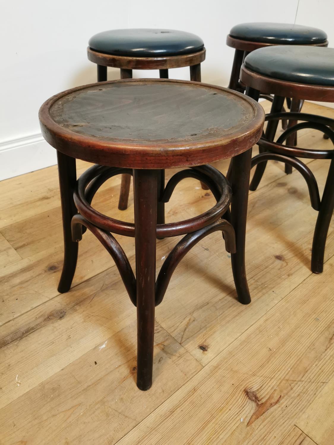 Set of six bentwood stools with leather upholstered seats. {49 cm H x 33 cm W x 33 cm D}. - Image 3 of 5