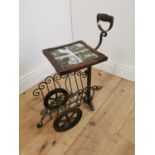 Wrought iron and oak magazine rack trolley