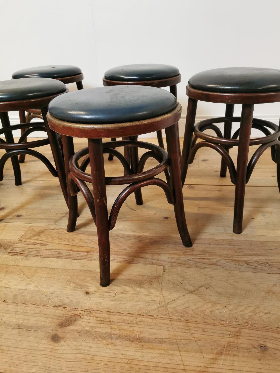 Set of six bentwood stools with leather upholstered seats. {49 cm H x 33 cm W x 33 cm D}. - Image 5 of 5