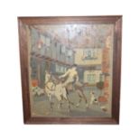 Horses and Rider tapestry mounted in an oak frame.