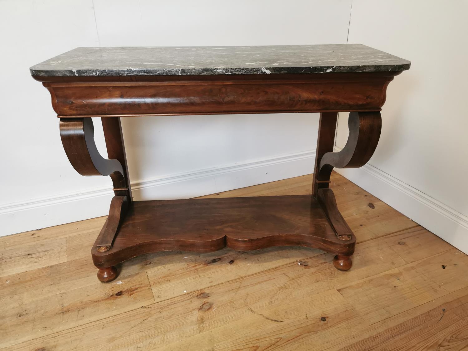 19th C. mahogany console table with marble top.