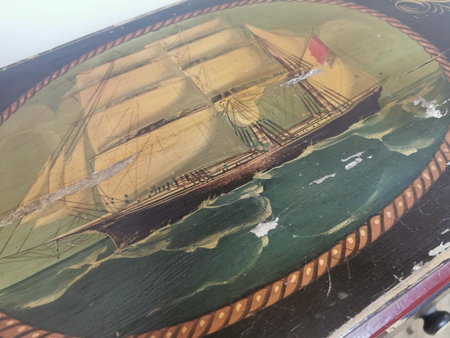19th C. pine chest of drawers with painted Naval Scenes. - Image 4 of 5