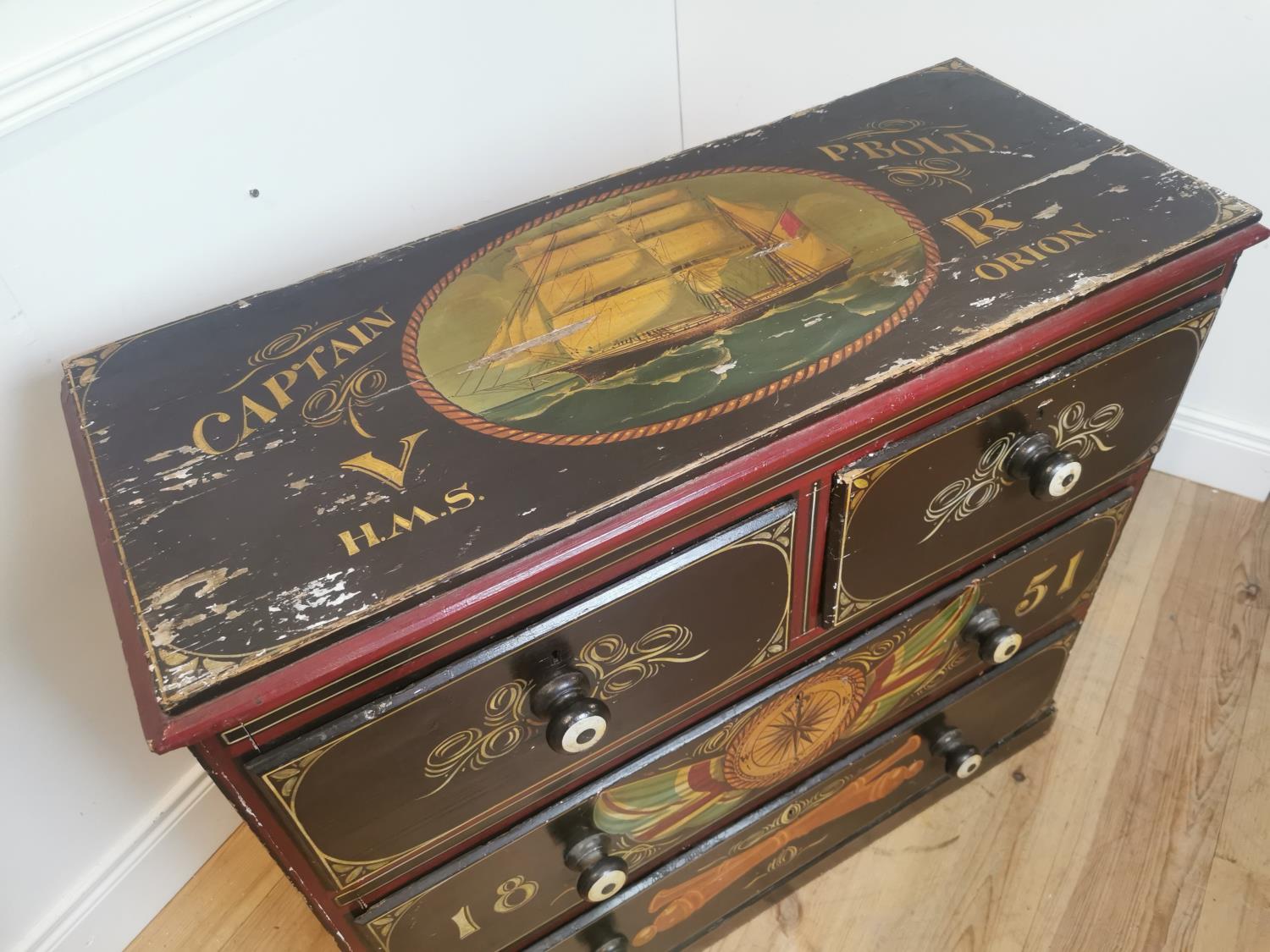 19th C. pine chest of drawers with painted Naval Scenes. - Image 3 of 5