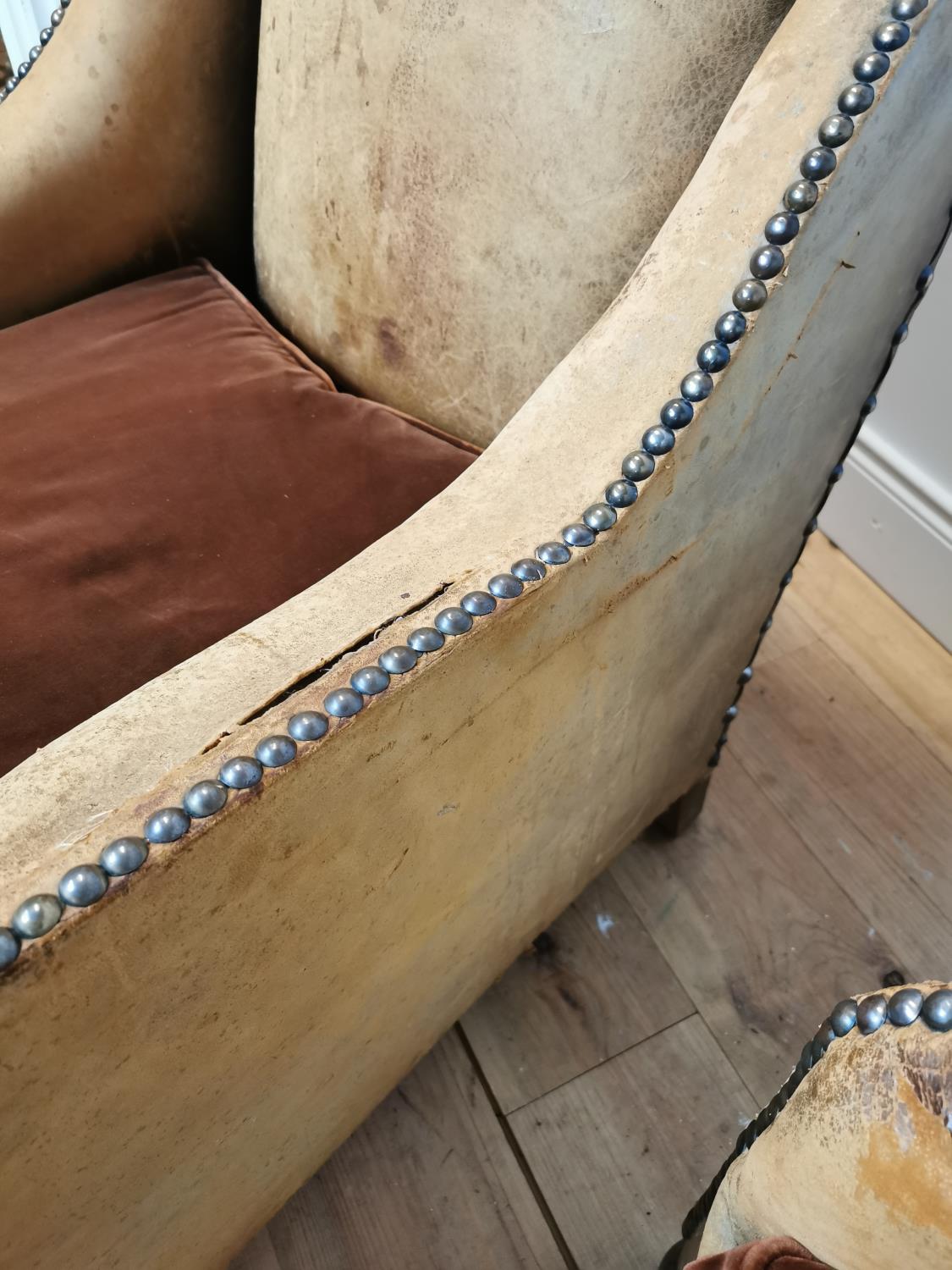 Pair of Art Deco tanned leather tub chairs with brass studs - Image 4 of 7