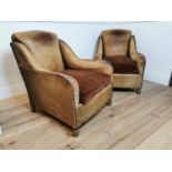 Pair of Art Deco tanned leather tub chairs with brass studs