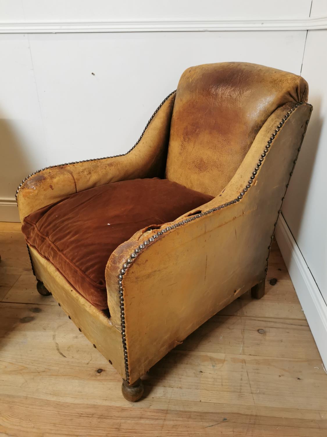 Pair of Art Deco tanned leather tub chairs with brass studs - Image 3 of 7