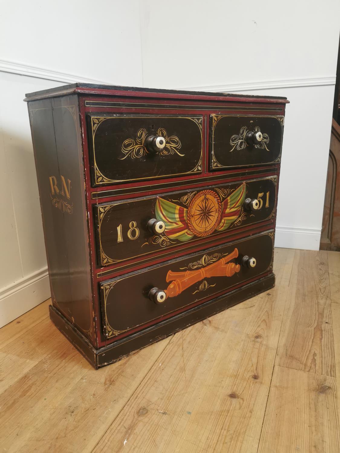19th C. pine chest of drawers with painted Naval Scenes. - Image 2 of 5