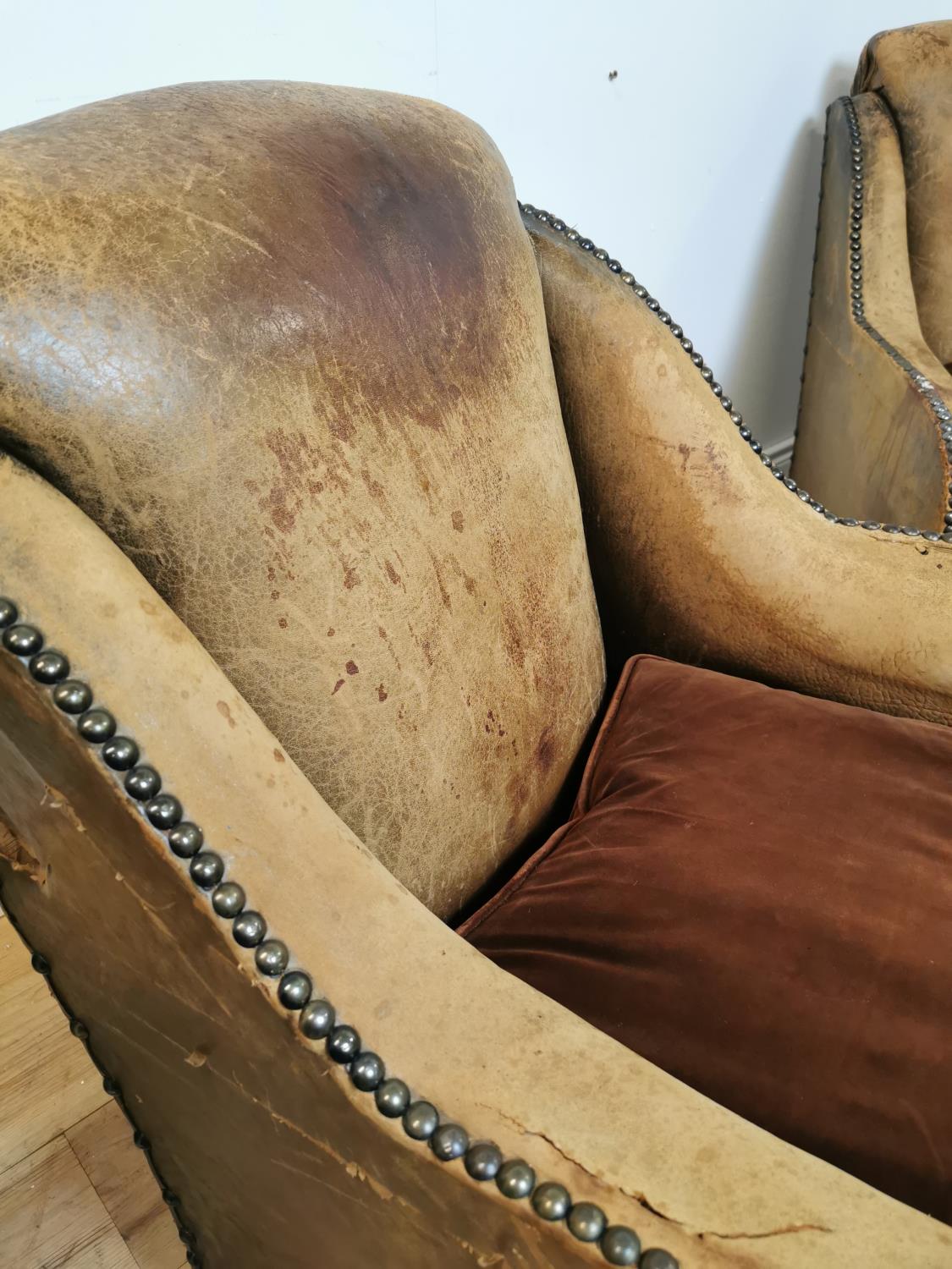 Pair of Art Deco tanned leather tub chairs with brass studs - Image 2 of 7