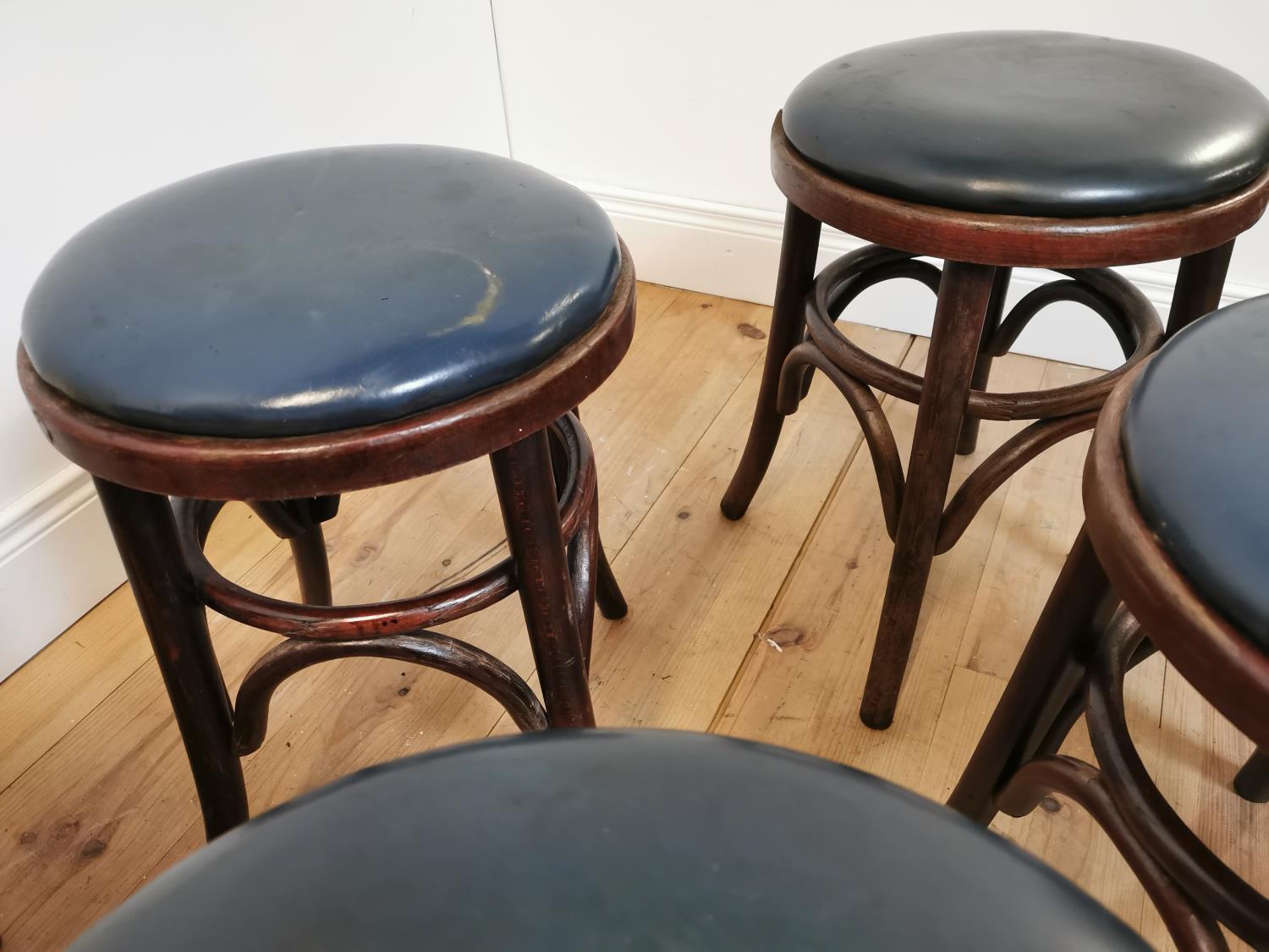 Set of six bentwood stools with leather upholstered seats. {49 cm H x 33 cm W x 33 cm D}. - Image 4 of 5