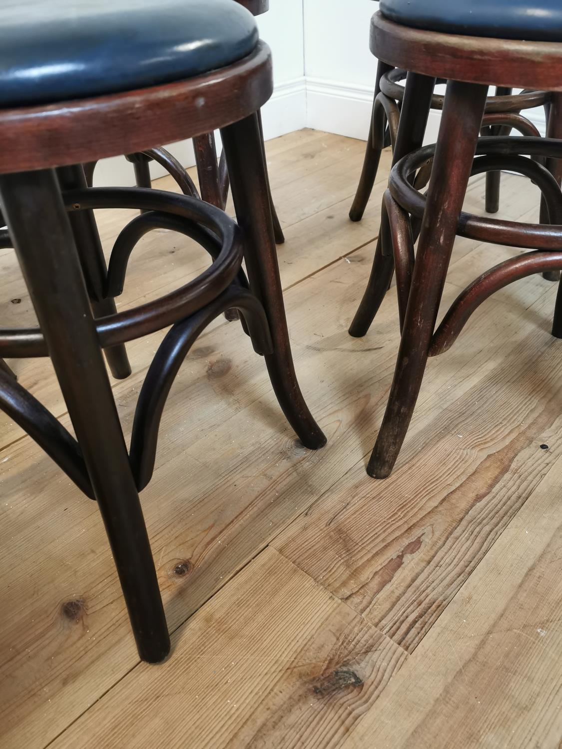 Set of six bentwood stools with leather upholstered seats. {49 cm H x 33 cm W x 33 cm D}. - Image 2 of 5