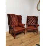Pair of good quality ox blood leather deep buttoned wing back chairs