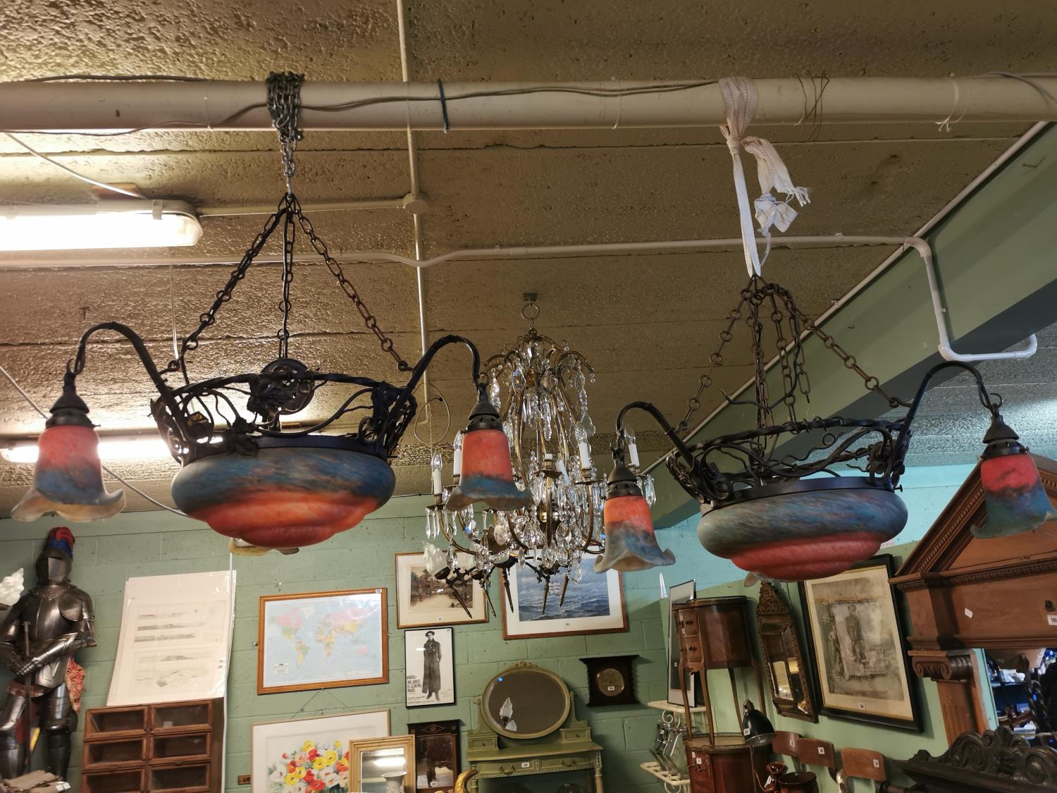 Pair of good quality wrought iron chandeliers
