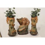 Painted terracotta set of two vases and figure