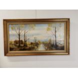 Oil on board - Woodland and River Scene -