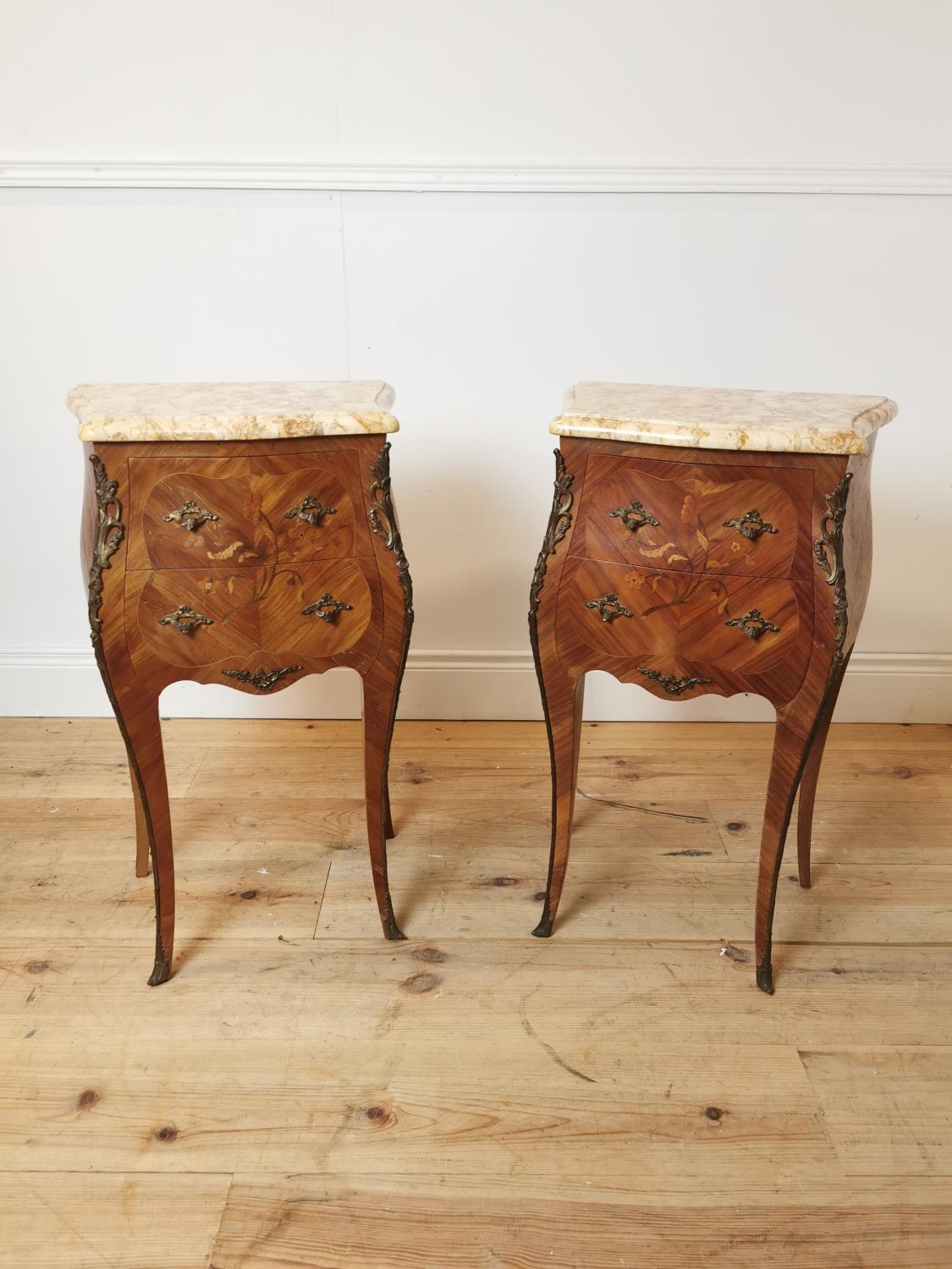 Pair of good quality kingwood marble topped bedside lockers