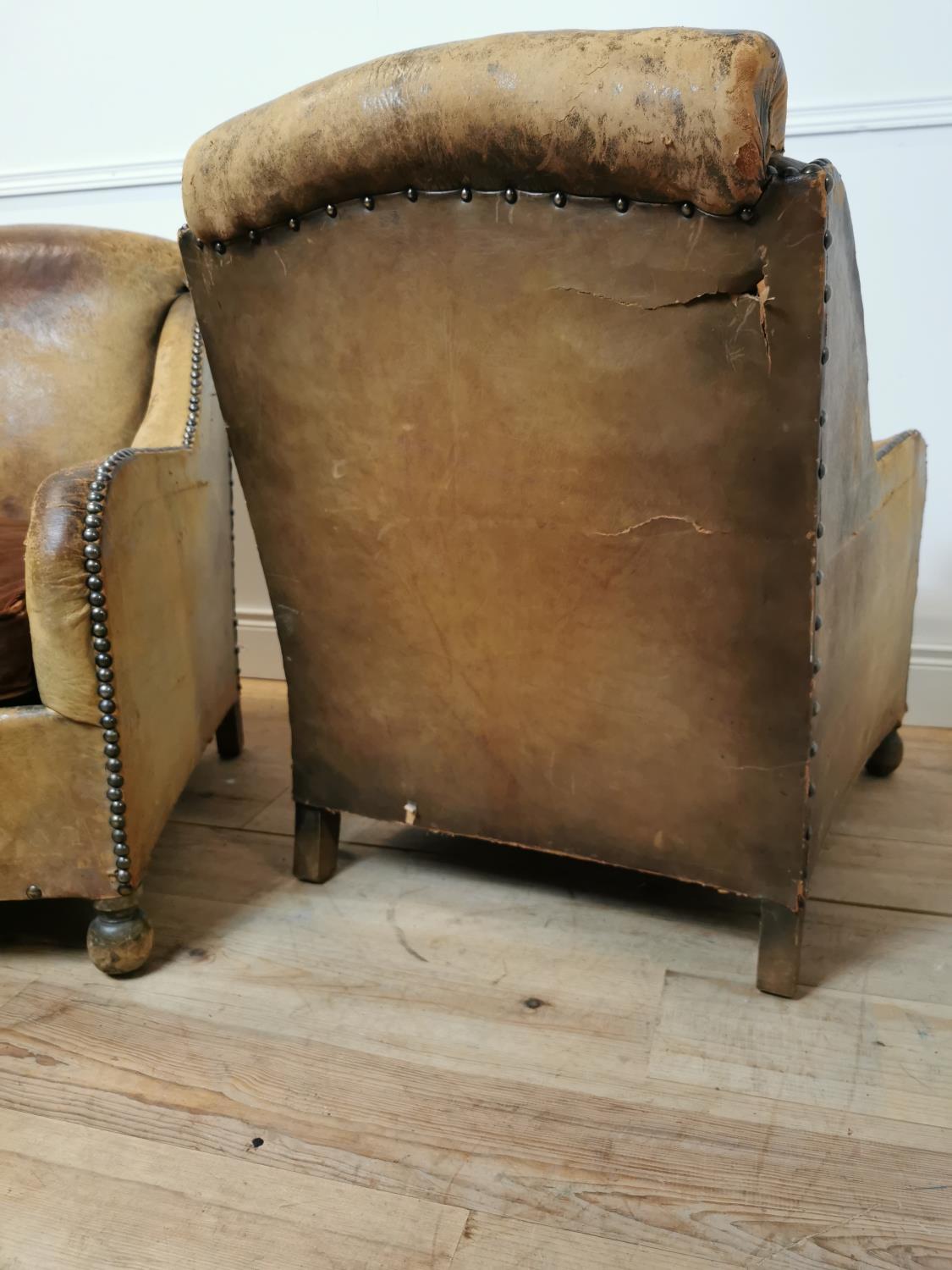 Pair of Art Deco tanned leather tub chairs with brass studs - Image 6 of 7