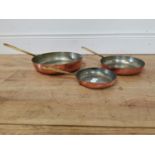 Set of three good quality copper and brass frying pans.