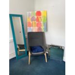 Scandinavian design chair, two frameless mirrors and print