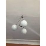 Set of three mid century light fittings, 3 circular white shades {40 cm W x 120 cm H}