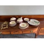 Famille Rose charger, damaged, and part Staffordshire dinner service and a pair of brass photo