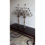 Pair of nine branch brass candlesticks with barley twist stems and scroll design {112 cm H x 71 cm