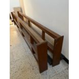 Two mahogany church pews {370 cm W x 80 cm H x 40 cm D}