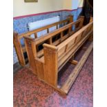 Antique oak pews with two matching kneelers, one missing kneeler {277 cm W x 90 cm H x 70 cm D}